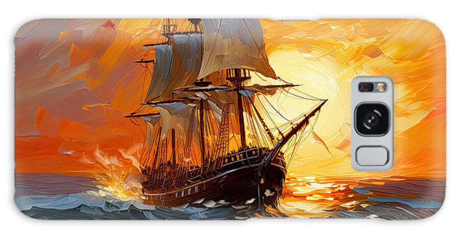 Tall Ship Art Galaxy Case featuring the painting Sunset Sails - Impressionist Tall Ship Sailing into the Sunset by Lourry Legarde
