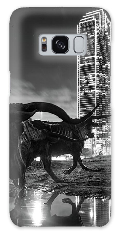 Dallas Skyline Art Galaxy Case featuring the photograph Texas Longhorn Cattle Drive at Dallas Pioneer Plaza in Monochrome by Gregory Ballos