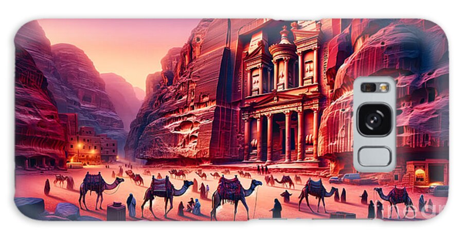 Petra Galaxy Case featuring the painting The ancient city of Petra, with camels and traders at twilight. by Jeff Creation