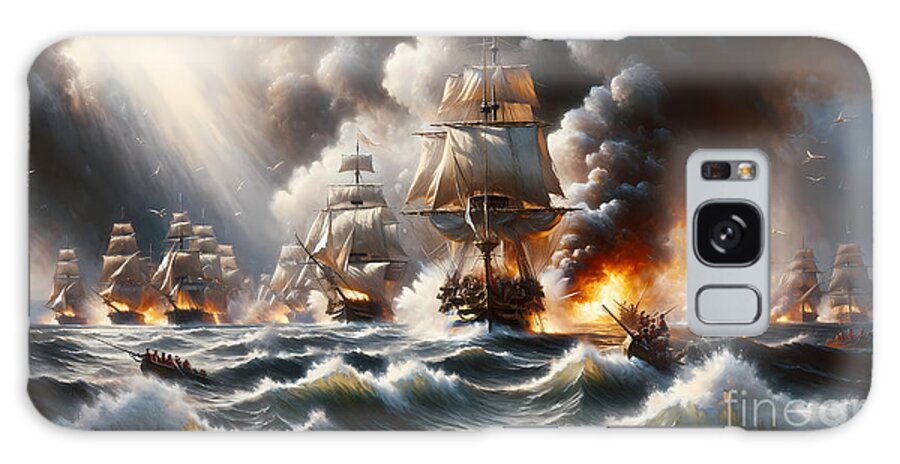 Trafalgar Galaxy Case featuring the painting The Battle of Trafalgar, with ships and cannon fire, in a dramatic marine painting style by Jeff Creation