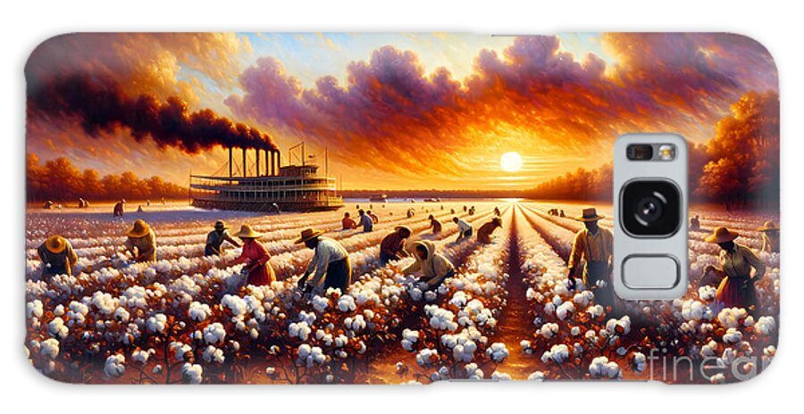 Cotton Fields Galaxy Case featuring the painting The cotton fields of the Mississippi Delta at sunset, with sharecroppers and a steamboat by Jeff Creation