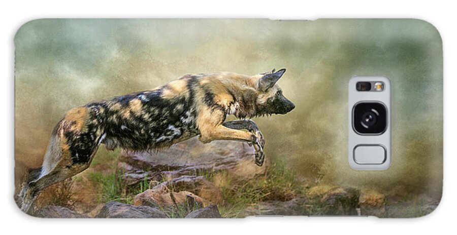 African Wild Dog Galaxy Case featuring the digital art The Leap by Nicole Wilde