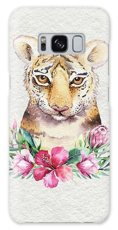 Tiger With Flowers Galaxy Case featuring the painting Tiger With Flowers by Nursery Art