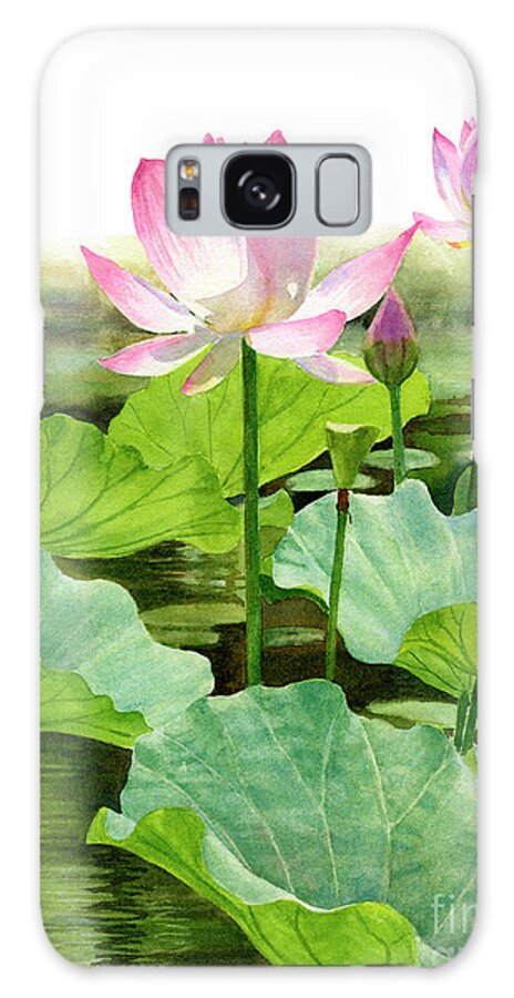 Pink Galaxy Case featuring the painting Two Pink Lotus Blossoms with Bud by Sharon Freeman