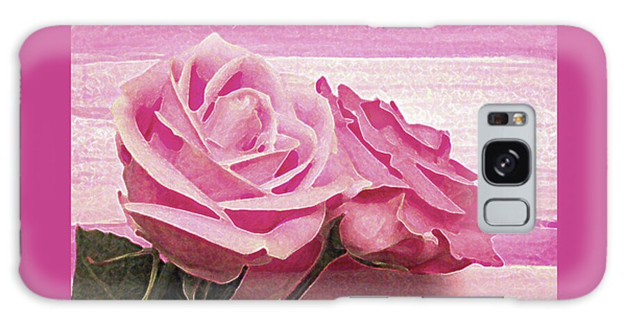 Rose Galaxy Case featuring the photograph Two Pink Roses on Pink Stripe by Corinne Carroll