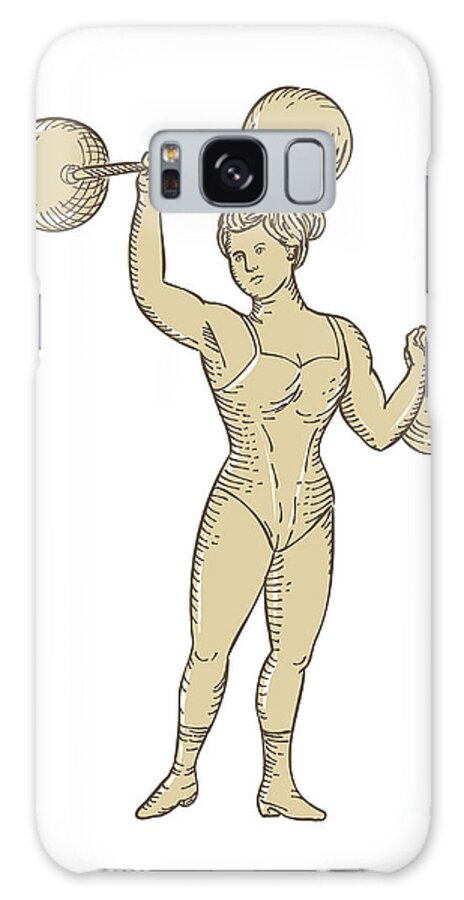 Etching Galaxy Case featuring the digital art Vintage Circus Strongwoman Female or Lady Strongman Lifting Barbell on One Hand and Kettlebell in Etching Engraving Style by Aloysius Patrimonio