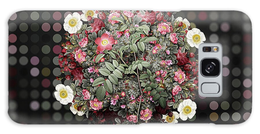 Vintage Galaxy Case featuring the painting Vintage Pink Alpine Rose Flower Wreath on Bokeh Dot Pattern n.0672 by Holy Rock Design