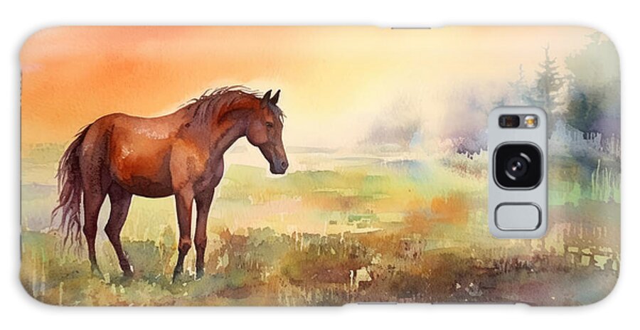 Horse Galaxy Case featuring the painting Watercolor Brown Horse Standing In Grass In Sunset Light Yellow by N Akkash