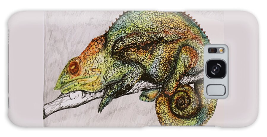Chameleon Print Galaxy Case featuring the drawing Watercolor drawing of a Chameleon, colorful Chameleon illustration, wild animals posters print by Mounir Khalfouf