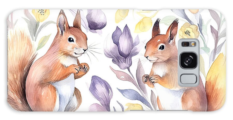 Watercolor Galaxy Case featuring the painting Watercolor squirrels with crocus. Spring bright colors for texti by N Akkash