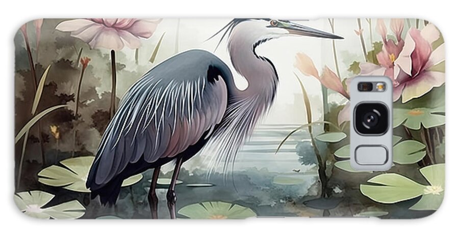 Bird Galaxy Case featuring the painting Watercolor wallpaper Digital drawing of a water heron with lotus by N Akkash