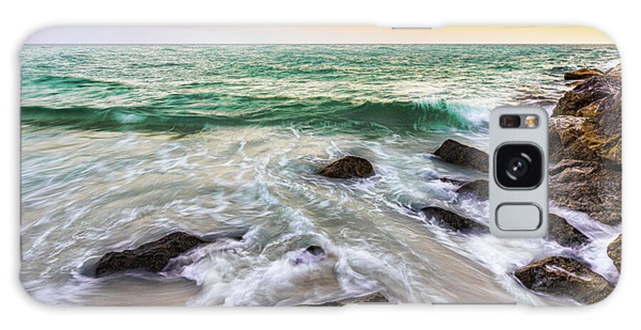 Beach Galaxy Case featuring the photograph Waves on the Rocks at Sunset by Mike Whalen