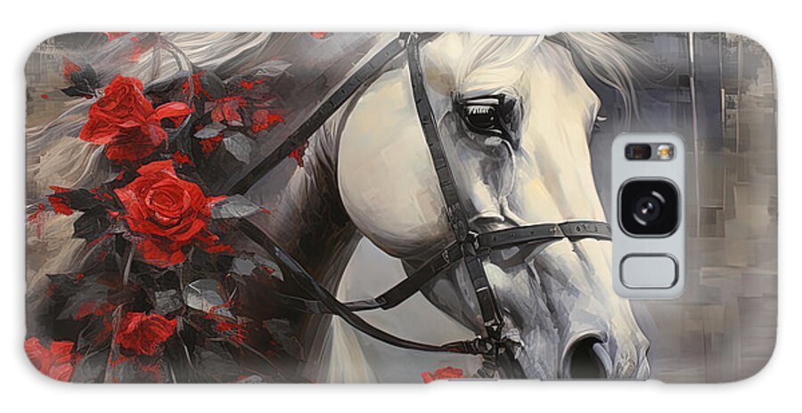 White Horse With Roses Galaxy Case featuring the painting White Horse and Red Roses by Lourry Legarde