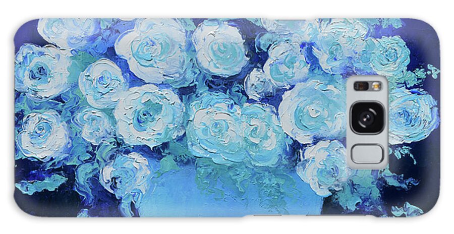 White Roses Galaxy Case featuring the painting White roses in a blue vase still life by Jan Matson