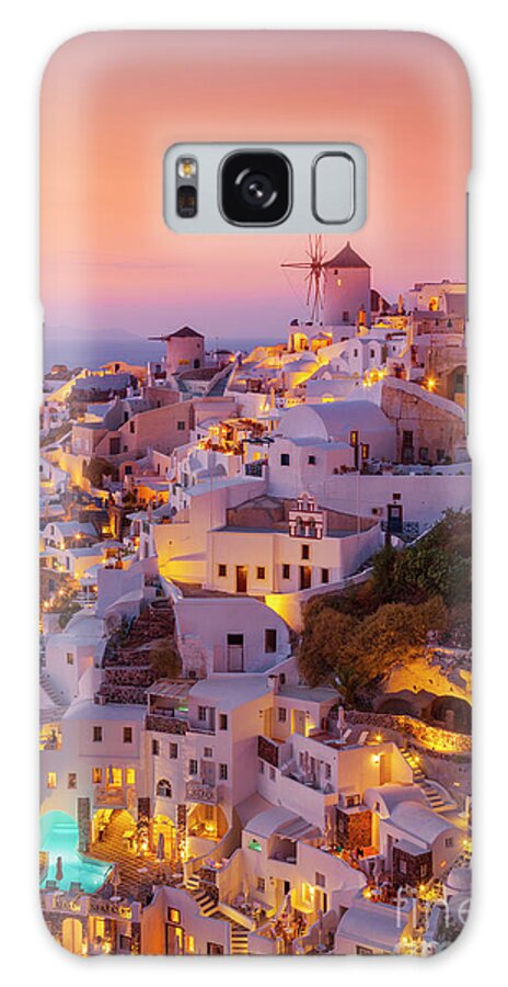 Santorini Oia Galaxy S8 Case featuring the photograph Windmill and white houses at sunset, Oia, Santorini, Greece by Neale And Judith Clark