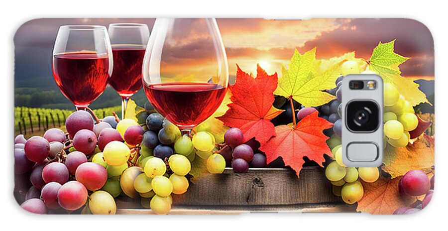 Wine Galaxy Case featuring the mixed media Wine Grapes All Colors Vineyard and Barrel Fall and Sunset by Stephanie Laird
