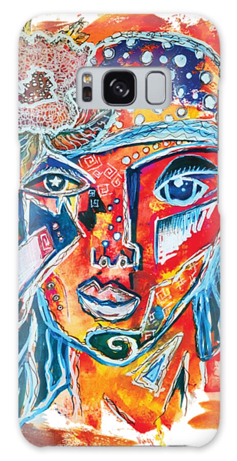 Cubism Galaxy Case featuring the painting Women Cubism Abstract Funny Funky Face Red Blue Polka Dot Bright Painting by Joanne Herrmann