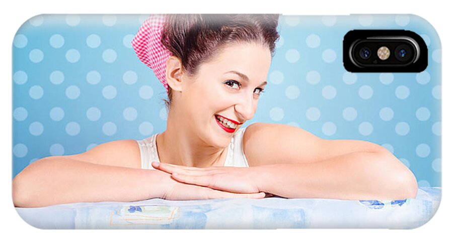 Female iPhone X Case featuring the photograph Happy 60s pinup housewife on blue ironing board #1 by Jorgo Photography