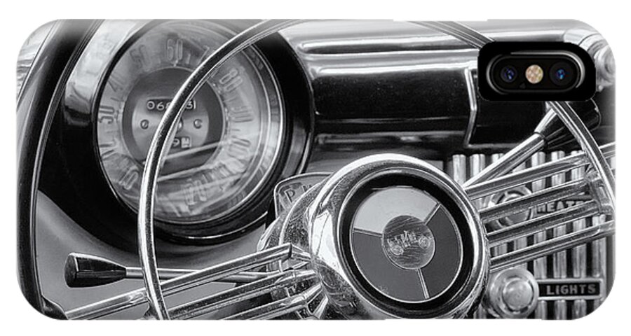 1953 iPhone X Case featuring the photograph 1953 Buick Super Dashboard and Steering Wheel BW by Jerry Fornarotto