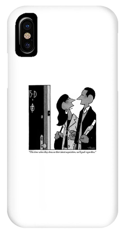 A Man And Woman Speak In A Hallway Outside An iPhone X Case