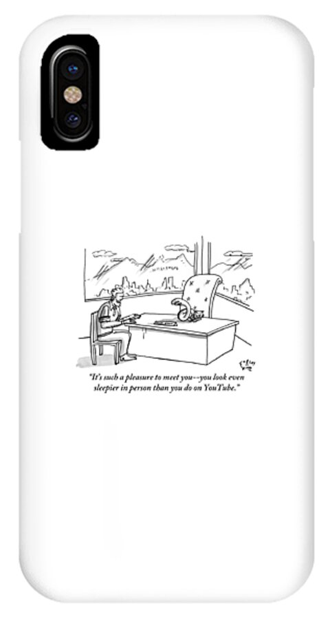 A Man Speaks To A Cat Who Is Asleep On A Desk Iphone X Case For
