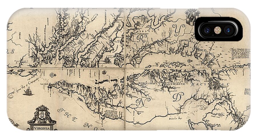 Virginia Map iPhone X Case featuring the drawing Antique Map of Virginia and Maryland by Augustine Herrman - 1673 by Blue Monocle