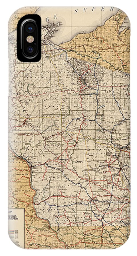 Wisconsin iPhone X Case featuring the drawing Antique Railroad Map of Wisconsin - 1900 by Blue Monocle
