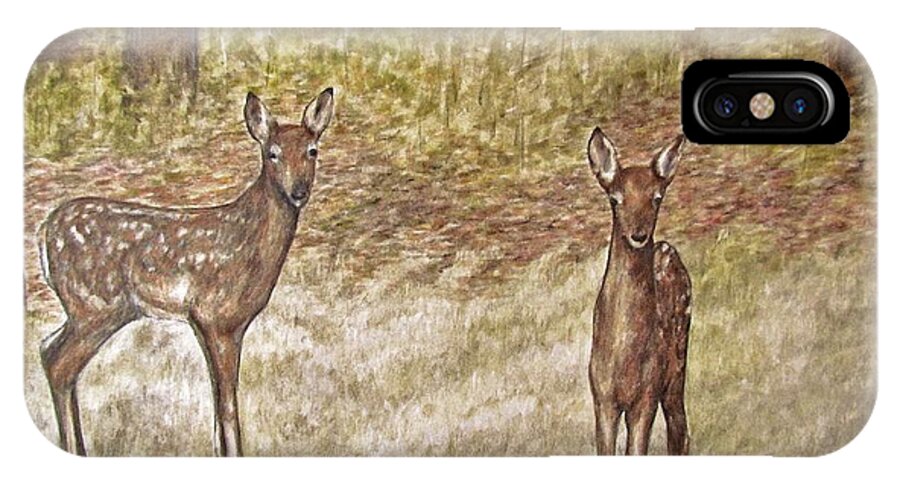 Fawns iPhone X Case featuring the drawing Backyard fawns by Meagan Visser