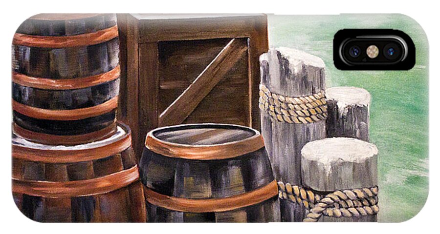 Water Scene iPhone X Case featuring the painting Barrels on the Pier by Ellen Canfield