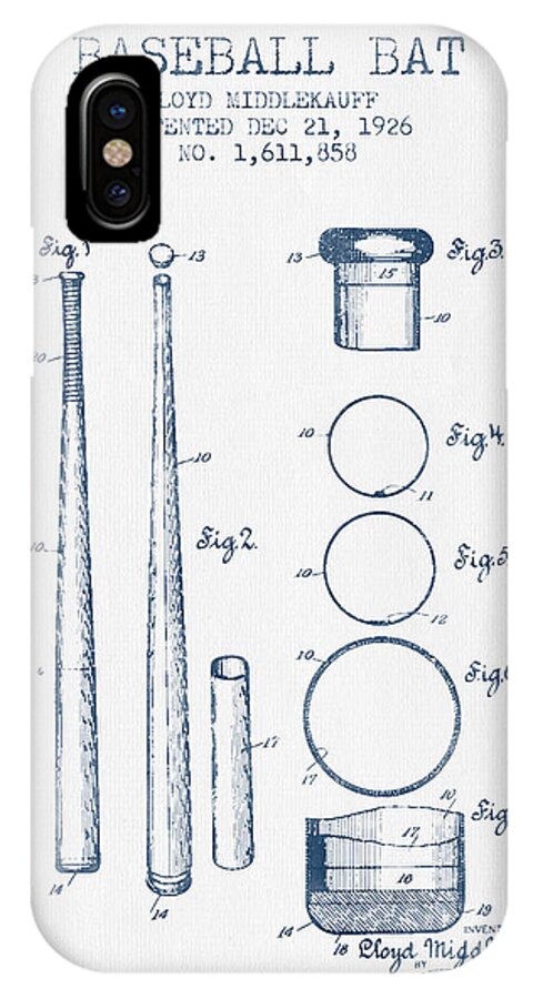 Baseball iPhone X Case featuring the digital art Baseball Bat Patent from 1926 - Blue Ink by Aged Pixel