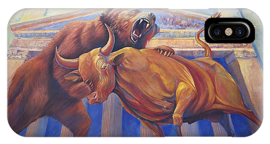 Wall Art. Wildlife Paintings iPhone X Case featuring the painting Bear vs Bull by Robert Corsetti