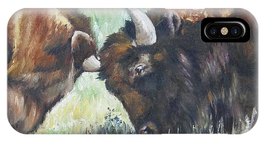 Lori Brackett iPhone X Case featuring the painting Bison Brawl by Lori Brackett