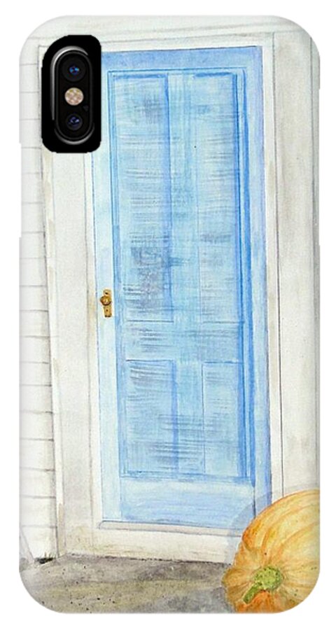 Doorway iPhone X Case featuring the mixed media Blue Door with Pumpkin by Barbie Corbett-Newmin