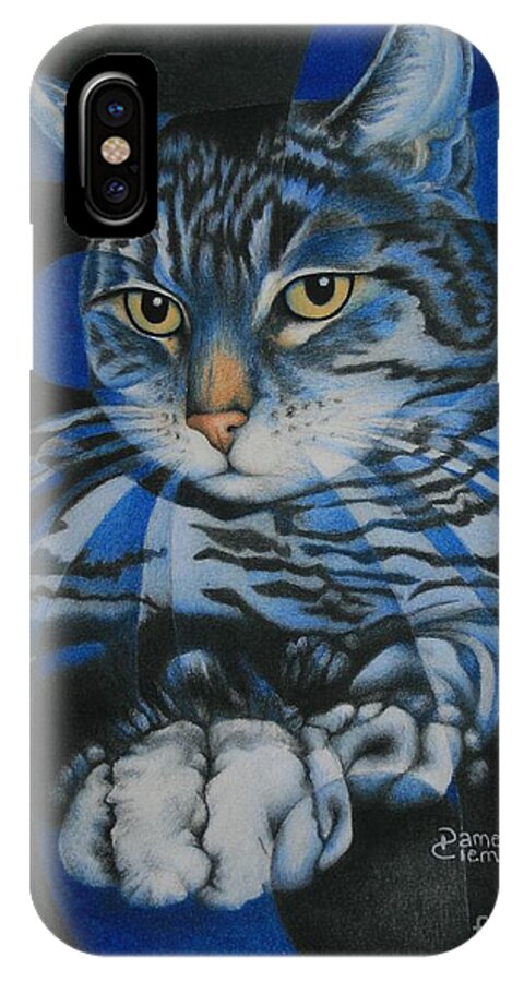 Cat iPhone X Case featuring the painting Blue Feline Geometry by Pamela Clements