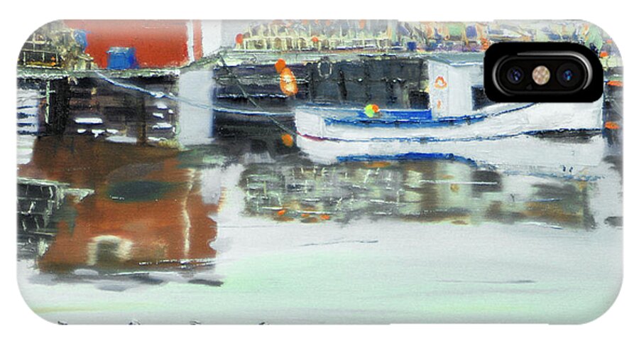 Boat Water Dock Fish Reflection Lobster Net Trap Pot Bouy iPhone X Case featuring the painting Boat at Louisburg NS by Michael Daniels