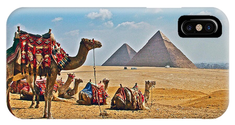 Camels And Pyramids Of Giza Near Cairo iPhone X Case featuring the photograph Camels and Pyramids of Giza near Cairo-Egypt by Ruth Hager