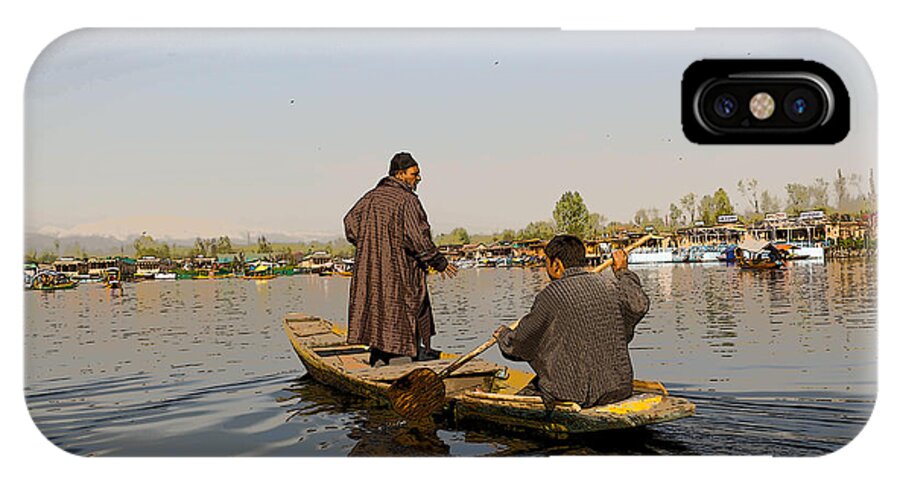 Beautiful Scene iPhone X Case featuring the digital art Cartoon - Kashmiri men plying a wooden boat in the Dal Lake in Srinagar by Ashish Agarwal