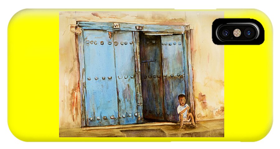 Doorway iPhone X Case featuring the painting Child sitting in old Zanzibar doorway by Sher Nasser