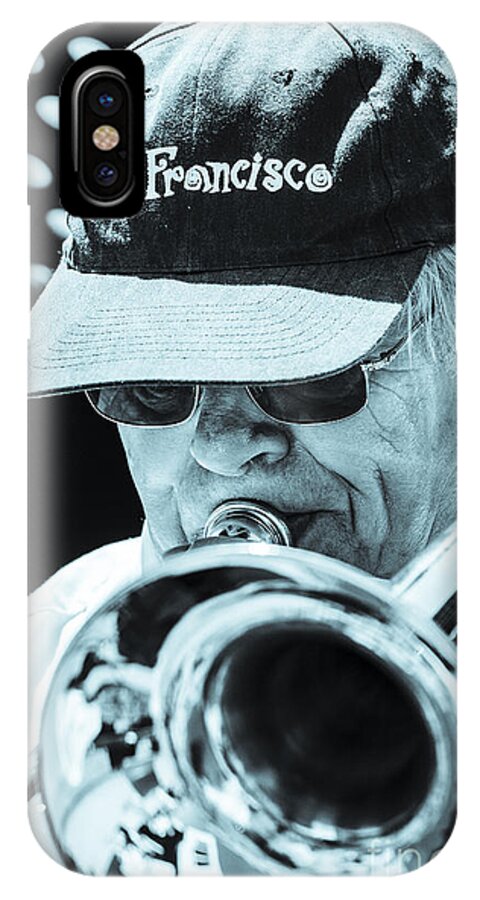 Brass iPhone X Case featuring the photograph Close Up Of Male Trombone Player In Baseball Cap by Peter Noyce
