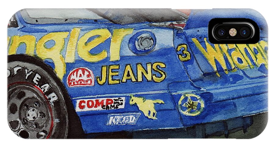 Blue iPhone X Case featuring the painting Dale Earnhardt's 1987 Chevrolet Monte Carlo Aerocoupe No. 3 Wrangler by Anna Ruzsan