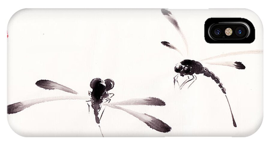 Dragonfly iPhone X Case featuring the painting Dance of the Dragonflies by Oiyee At Oystudio