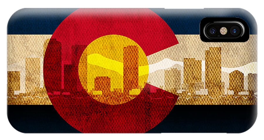 Denver Skyline iPhone X Case featuring the mixed media Denver Skyline Silhouette of Colorado State Flag Canvas by Design Turnpike
