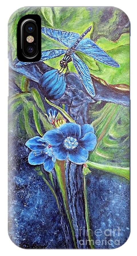Nature Blue Dragonfly Beneficial Insect Eats Mosquitos And Pests Aphid Wolf Blue Prussian Blue Navy Blue Flowers Flowerhead Camouflage Mimicry Crypsis Blends With Flower And Surroundings Motion Camouflage Blue Gray Tree Branch Abstract Water Variegated Blue Gray Background Lagoon Marsh Habitat Warm Green Foliage Leaves iPhone X Case featuring the painting Dragonfly Hunt for Food in the Flowerhead by Kimberlee Baxter