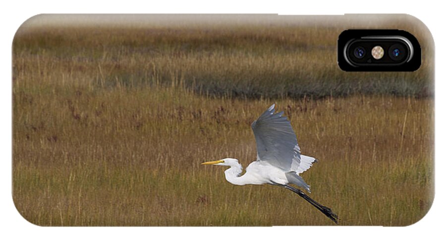Birds iPhone X Case featuring the photograph Egret in Flight Over Swamp Grass by Paul Ross