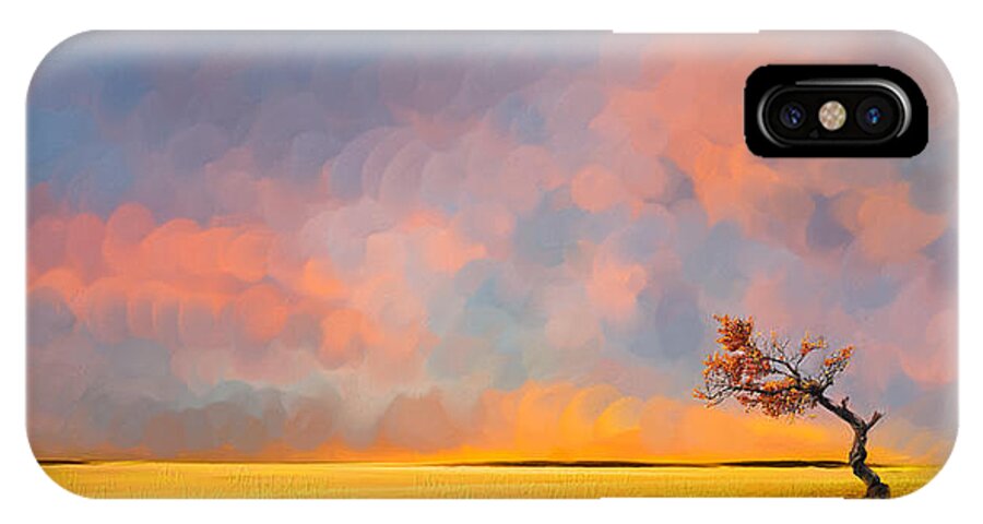 Far Away Sunset With Old Tree iPhone X Case featuring the painting Far Away Sunset with Old Tree by Angela Stanton