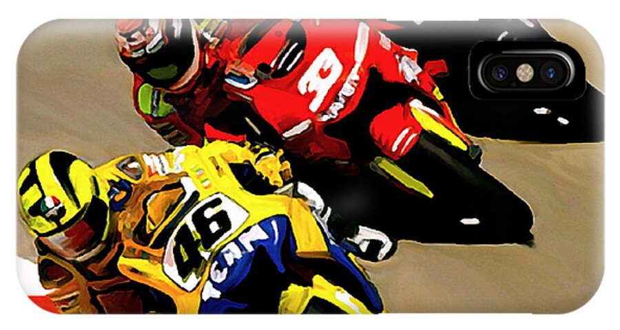 Valentino Rossi Paintings Paintings iPhone X Case featuring the painting FASTER Valentino Rossi Nicky Hayden by Iconic Images Art Gallery David Pucciarelli