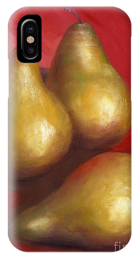 Red iPhone X Case featuring the painting Fine Art Hand Painted Golden Pears Red Background by Lenora De Lude