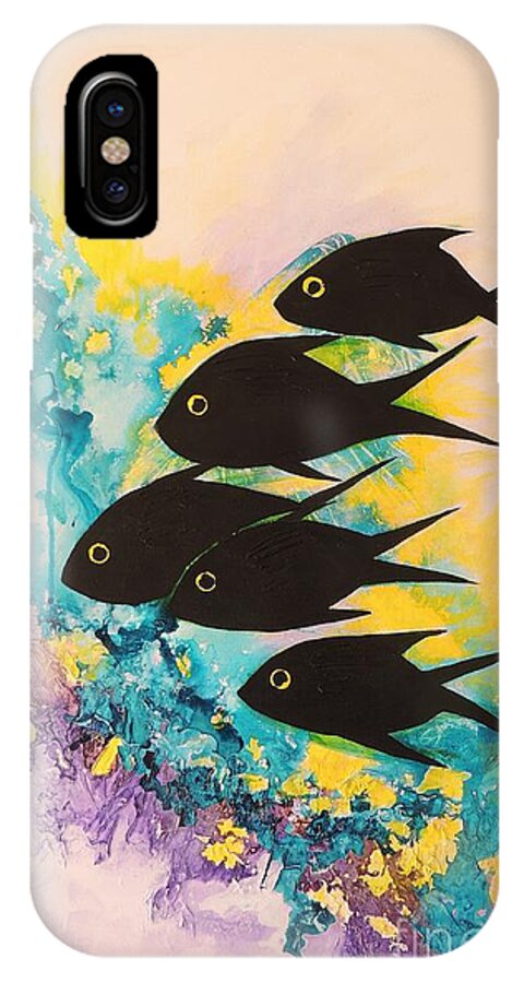 Coral iPhone X Case featuring the painting Five Black Fish by Lyn Olsen
