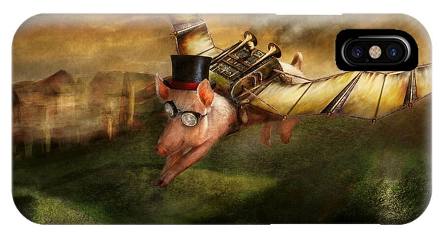 Pig iPhone X Case featuring the photograph Flying Pig - Steampunk - The flying swine by Mike Savad