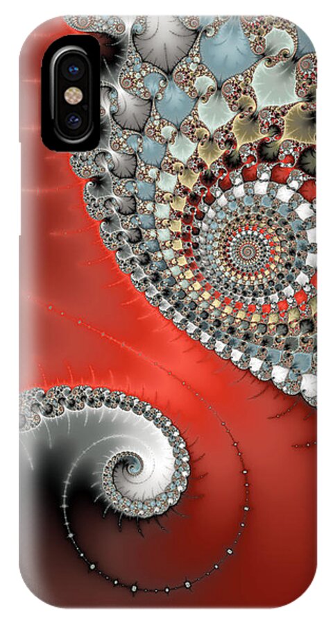 Spiral iPhone X Case featuring the digital art Fractal spiral art red grey and light blue by Matthias Hauser